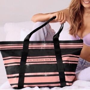 Victoria's Secret Iconic Black and Pink Metallic Striped Tote